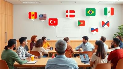 A virtual classroom setting with diverse avatars representing participants engaging in lively language conversations, with thought bubbles showcasing various flags and cultural symbols, fostering a dynamic and interactive learning environment.