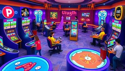 A colorful and lively virtual game room setting with avatars of players interacting and competing in various games, creating a vibrant and social atmosphere.
