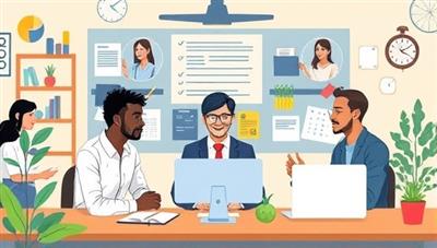 A dynamic digital illustration featuring a virtual productivity coaching session with a diverse group of clients organizing their tasks, setting goals, and boosting their efficiency, conveying a sense of focus, motivation, and accomplishment.