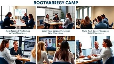 An engaging visual representation of a virtual career development bootcamp session, featuring young professionals participating in workshops, networking events, and mock interviews, with career coaches providing guidance and mentorship, fostering a dynamic and supportive learning environment for career growth.