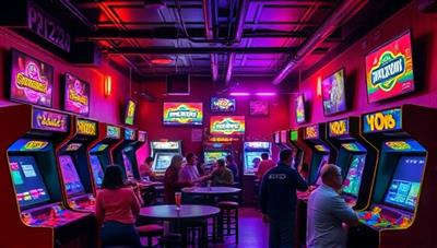 An arcade bar interior with neon lights, vintage arcade cabinets, classic gaming consoles, and patrons enjoying multiplayer games and retro-themed cocktails, creating a vibrant and nostalgic gaming ambiance.