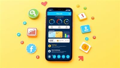 A mobile phone screen displaying the FinanceFit Coach app interface, with colorful financial charts, goal trackers, and motivational messages, surrounded by icons representing budgeting, saving, and investing, creating a visually appealing and user-friendly design.