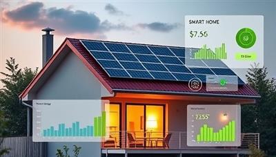 An eco-friendly smart home setup with solar panels on the rooftop, smart devices controlling lighting and temperature, and a digital dashboard displaying energy savings and environmental impact data, illustrating a modern and sustainable living environment.