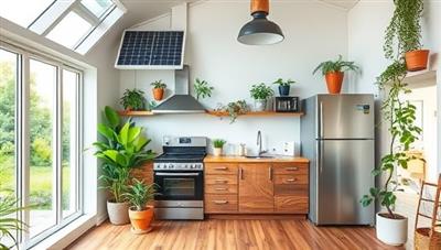 An eco-friendly home renovation project featuring solar panels, energy-efficient appliances, recycled materials, and indoor plants, showcasing the sustainable and modern design elements recommended by GreenRevive Solutions for a greener living space.