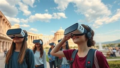 An immersive visual depiction of students wearing VR headsets and engaging in a virtual field trip with ExploreVR Edutours, exploring ancient ruins or scientific phenomena in a digital landscape filled with interactive elements, educational content, and virtual guides, showcasing the transformative and experiential nature of VR-based learning experiences.
