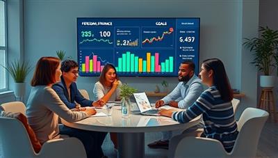 An engaging visual of a diverse group of people discussing personal finance around a virtual table, with financial charts and goals displayed on a screen in the background, symbolizing empowerment and collaboration.