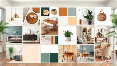 A digital mood board displaying various interior design elements, color schemes, and furniture pieces, set against a backdrop of a stylish and cozy room interior, evoking a sense of creativity and inspiration for virtual home styling consultations.