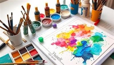 An artful workspace with colorful paints, brushes, and a completed artwork displayed on a table, evoking a sense of creativity, healing, and self-discovery, capturing the essence of art therapy.