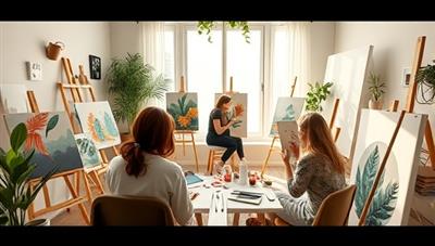 A serene virtual art therapy studio with participants engrossed in painting, drawing, or sculpting, surrounded by art supplies, nature elements, and soothing colors, creating a tranquil and healing environment for artistic self-expression and emotional release.