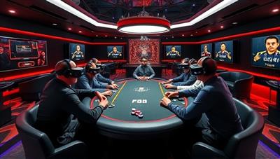 An immersive virtual reality poker room scene on the PokerVR Lounge platform, featuring players seated around a virtual poker table, interacting with lifelike avatars, and engaging in intense poker gameplay, capturing the social and competitive essence of the VR poker experience.