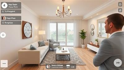An engaging virtual property tour scene showcasing a beautifully staged home interior, guided by a real estate agent through a virtual tour platform, with interactive navigation tools, floor plans, and property details overlay, creating a seamless and immersive virtual property viewing experience for prospective buyers and renters.