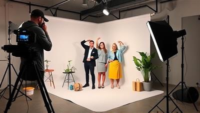 A professional photoshoot setting with a photographer capturing a client's brand story through creative poses and props, highlighting the essence of personal branding and image representation in the digital world.
