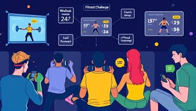 A dynamic digital illustration of individuals participating in a virtual fitness challenge, following workout routines on their screens, tracking progress with fitness apps, and receiving coaching support from virtual trainers, fostering a sense of community and motivation in achieving fitness goals at FitQuestChallenge.
