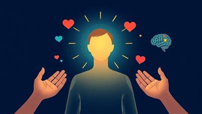 An evocative illustration of a person surrounded by supportive symbols like hands offering comfort, a heart symbolizing care, and a brain demonstrating mindfulness, conveying the emotional support and healing provided by MindMend's insurance services.