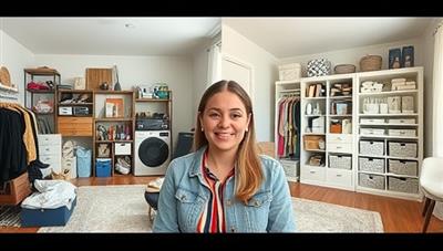 A virtual home organizer guiding a client through a video call, showcasing a cluttered space on one side and a beautifully organized room on the other side, with storage solutions and labels visible, creating a visually appealing transformation.
