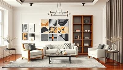 An elegant virtual design studio with a stylish design board, virtual fabric swatches, 3D room renderings, and AR visualization tools, illustrating a seamless and creative design collaboration process between designers and clients in a virtual design marketplace setting.