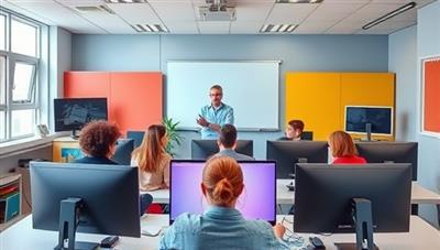 A colorful and dynamic virtual classroom setting with a diverse group of students engaged in a lively discussion with their tutor, all visible on computer screens, conveying a sense of interactive and effective online learning.