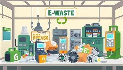 An illustration of a collection point for e-waste recycling, with various telecommunications devices being sorted and processed in an eco-friendly facility, emphasizing the importance of responsible electronic waste management.