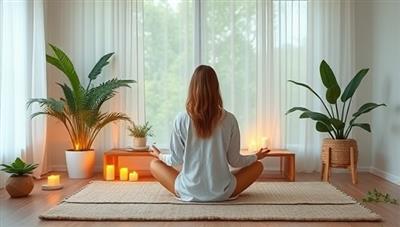 A serene and calming virtual wellness retreat setting featuring a mindfulness coach leading a meditation session, surrounded by soothing nature sounds, candles, and tranquil decor elements, creating a peaceful and revitalizing atmosphere for mental rejuvenation and self-care.
