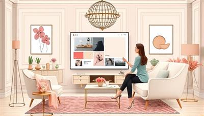An elegant digital illustration showcasing a virtual interior design consultation session, with a designer presenting a mood board and color palette on a screen to a client, surrounded by furniture samples and decor inspirations, exuding sophistication and creativity.