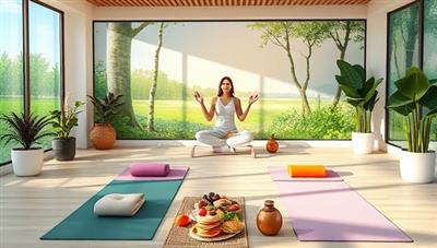 An uplifting wellness environment with serene nature visuals, yoga mats, healthy food options, and a virtual wellness coach guiding a meditation session, embodying the holistic approach and self-care focus of WellNest Wellness, surrounded by a calming and balanced atmosphere.