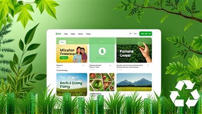 An eco-inspired digital marketplace showcasing a variety of green courses and workshops, surrounded by lush greenery, renewable energy symbols, and recycling icons, inviting users to explore and embark on a sustainable learning journey with EcoEd Exchange.