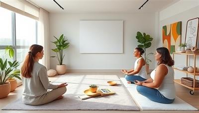 A serene virtual wellness room with soothing colors, relaxation aids, and mindfulness resources, featuring a therapist guiding a mindful meditation session and a diverse group of individuals practicing self-care and mental well-being exercises, illustrating support and connection in a virtual mental health space.
