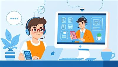 An illustration of a virtual tech support session, featuring a customer with a puzzled expression looking at multiple devices, while a tech expert on a screen provides guidance and solutions, showcasing efficient problem-solving and remote assistance.