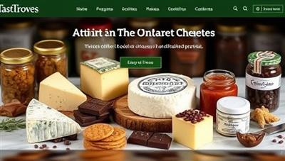 An enticing online marketplace display showcasing a selection of artisanal cheeses, gourmet chocolates, and handcrafted preserves arranged on a virtual table, inviting users to explore the diverse flavors and culinary treasures available on TasteTrove's platform.