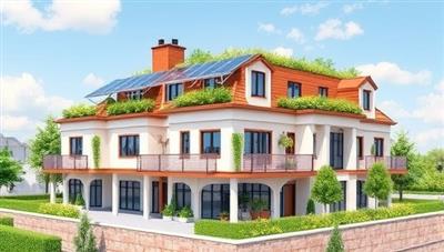 An eco-friendly building project rendering featuring solar panels, green roofs, rainwater harvesting systems, and energy-efficient design elements, with a sustainability consultant advising on green building strategies, showcasing a harmonious blend of environmental responsibility and innovative real estate development at Green Horizon Solutions.