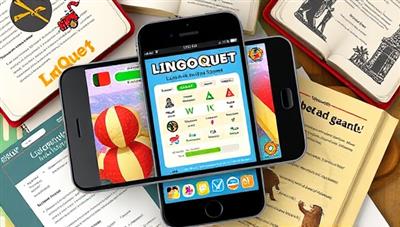 A mobile screen displaying a vibrant and interactive language learning game interface with badges, points, and progress bars, surrounded by language textbooks and cultural references, highlighting the educational and entertaining aspect of LingoQuest.