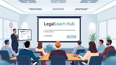 An illustrative representation of a virtual webinar room with LegalLearn Hub branding, showing a legal expert conducting a training session with interactive tools, participants engaging in discussions, and a dynamic learning environment, emphasizing the educational value and engagement of the platform's webinars and workshops.