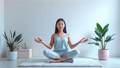 A serene and calming visual featuring a virtual mental wellness coach guiding a meditation session, surrounded by soothing nature elements like plants and gentle lighting, creating a peaceful and supportive atmosphere for emotional well-being.