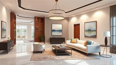 An elegant virtual design studio featuring stunning room visualizations, mood boards, and decor swatches, showcasing the transformative power of DesignVista's virtual interior design services and creative design solutions.