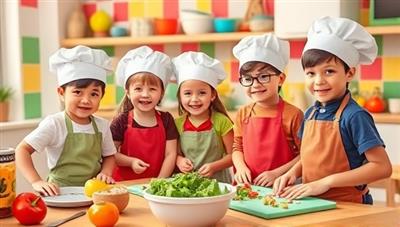 A vibrant and colorful kitchen setting with children wearing chef hats and aprons, eagerly participating in a cooking workshop, surrounded by fresh ingredients, utensils, and recipe cards, exuding joy, creativity, and culinary exploration.