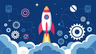 An illustration of a rocket launching into the legal tech space, symbolizing the acceleration and growth of innovative legal tech startups supported by the incubator program, surrounded by gears and tech elements representing progress and advancement in the legal industry.