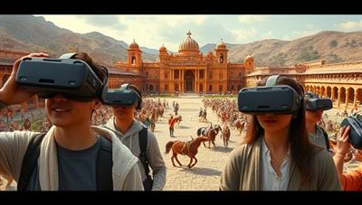 An immersive VR scene showcasing users wearing headsets and exploring an ancient city or historical battlefield in virtual reality, surrounded by digital recreations of buildings, artifacts, and characters from the past, creating an engaging and educational experience of time travel.