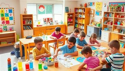 A colorful and vibrant classroom setting filled with kids immersed in various creative activities like painting, building structures, and conducting simple science experiments, showcasing a fun and educational atmosphere.
