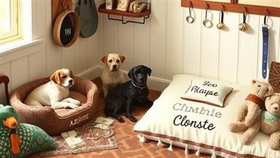 A cozy pet corner featuring personalized pet accessories like custom pet tags, embroidered pet beds with pet names, and stylish pet collars, surrounded by playful pet toys and treats, evoking a sense of luxury and care for beloved pets.