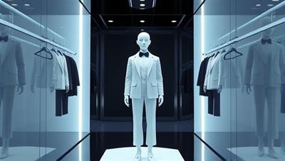 An elegant and futuristic virtual fitting room where an AI avatar presents different outfit suggestions to a user, creating a seamless and interactive styling experience.