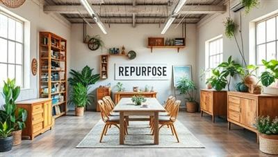 A vibrant and eco-friendly workspace filled with upcycled furniture, recycled materials, and creative projects, highlighting the sustainable and collaborative environment offered by RePurpose Hub to creatives, makers, and entrepreneurs passionate about upcycling and sustainability.