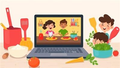 An illustration of colorful cooking utensils and ingredients arranged playfully around a laptop showing a live cooking class, with a group of smiling kids following along, conveying the joy of learning to cook online.