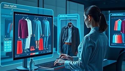 An artistic representation of a virtual stylist interacting with a client through a digital styling session, with virtual clothing options floating around the screen and augmented reality overlays showing outfit combinations on the client, creating a futuristic and personalized styling experience.
