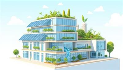 A digital illustration showing a futuristic, sustainable building with solar panels, green roofs, and water recycling systems, symbolizing eco-friendly construction practices and innovation.