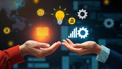 An engaging visual of virtual hands exchanging knowledge symbols like lightbulbs, books, and gears, symbolizing the dynamic exchange of skills and expertise in a digital environment, fostering a sense of growth and learning.