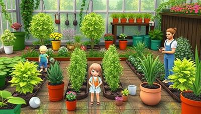 A lush virtual garden setting with animated plants, flowers, and gardening tools, surrounded by avatars of gardening enthusiasts tending to their virtual gardens, creating a vibrant and interactive space for plant lovers to connect and share their passion for gardening.