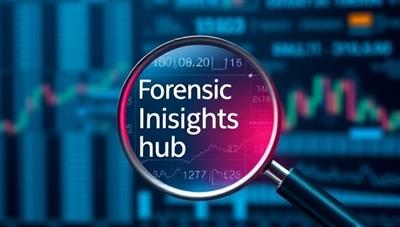 An artistic depiction of Forensic Insights Hub, featuring a digital magnifying glass analyzing financial data patterns and anomalies, symbolizing precision and insight in forensic accounting investigations through advanced data analytics.
