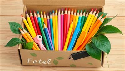 An assortment of colorful, eco-friendly school supplies neatly arranged in a sustainable, biodegradable box with leafy green accents and a 