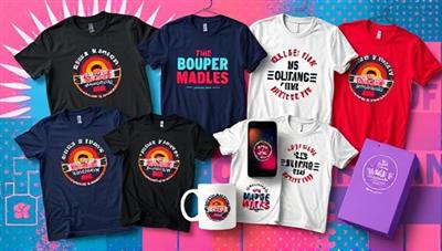 An artistic design featuring a vibrant collection of merchandise items like t-shirts, mugs, and phone cases, all adorned with unique influencer logos and quotes, symbolizing creativity and collaboration.
