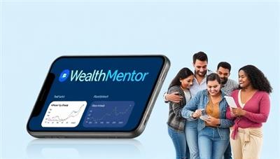 A smartphone showcasing the WealthMentor AI app interface, with graphs and charts illustrating financial insights and recommendations, alongside a diverse group of users interacting with the app features, symbolizing financial empowerment and smart money management.